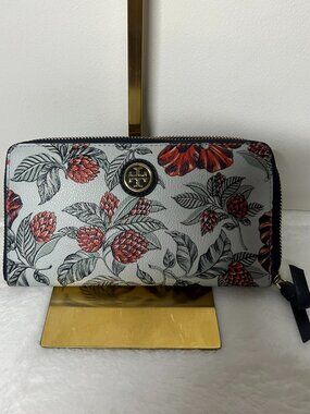Tory Burch blue floral zip around continental wallet like new